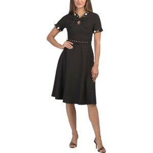 DALIA MACPHEE Short Sleeve Embellished Trim Bow Tie Neck Dress